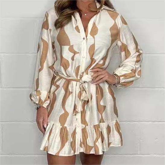 Perlina - Irregular Striped Shirt Dress with Lapel Collar and Tie Belt