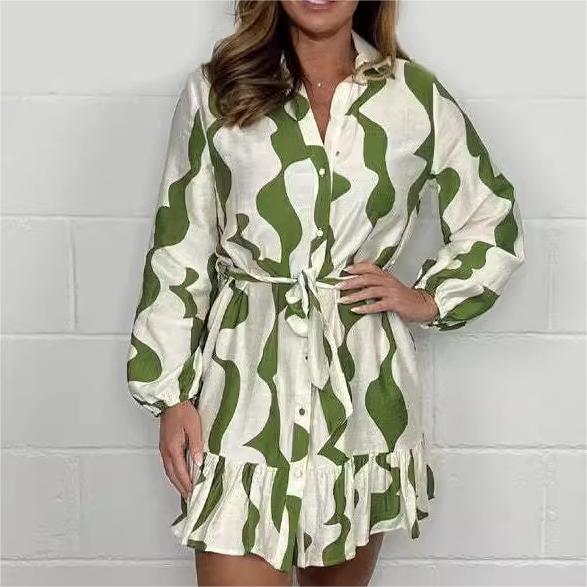 Perlina - Irregular Striped Shirt Dress with Lapel Collar and Tie Belt