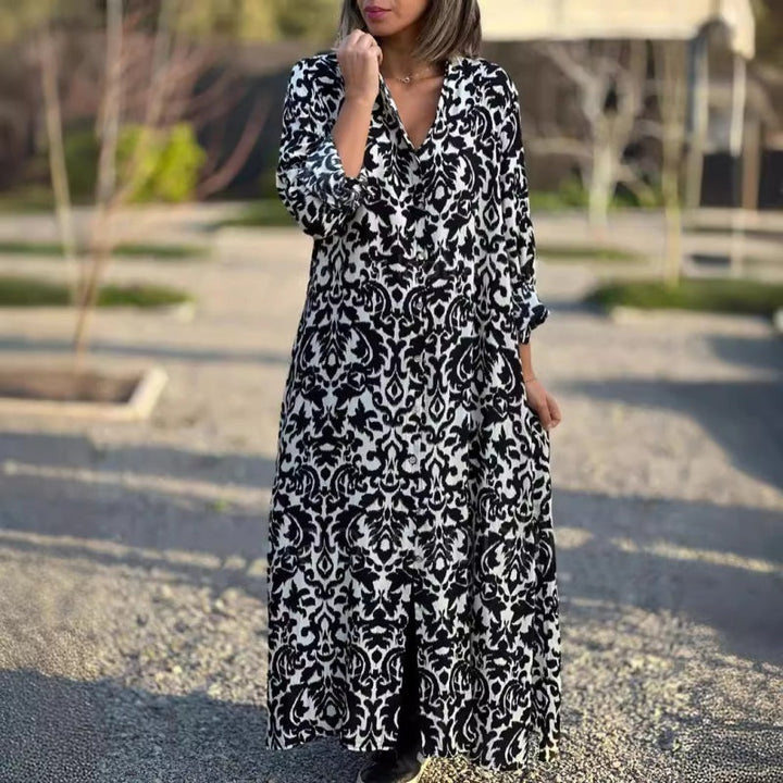 Ivonne - Long Sleeve Floral Maxi Dress with Shirt Collar
