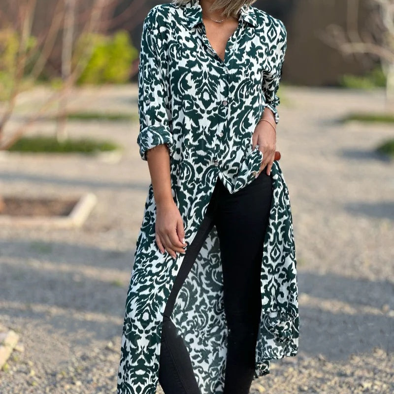 Ivonne - Long Sleeve Floral Maxi Dress with Shirt Collar