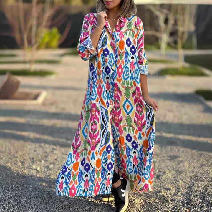 Ivonne - Long Sleeve Floral Maxi Dress with Shirt Collar