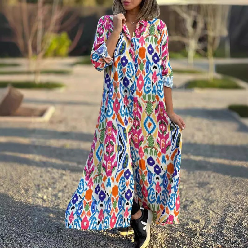 Ivonne - Long Sleeve Floral Maxi Dress with Shirt Collar