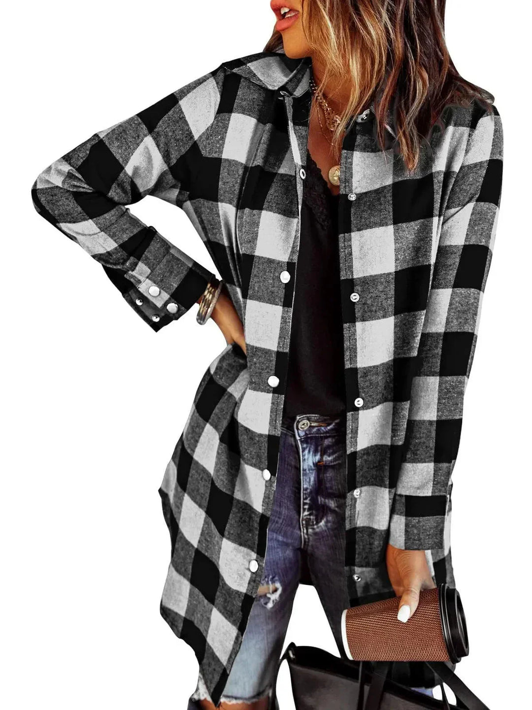 Larissa - Elegant Long Plaid Shirt Jacket