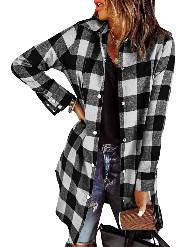 Larissa - Elegant Long Plaid Shirt Jacket
