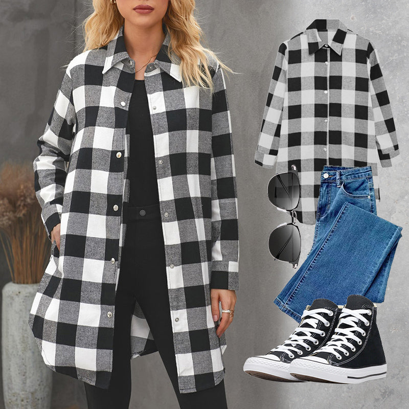 Larissa - Elegant Long Plaid Shirt Jacket