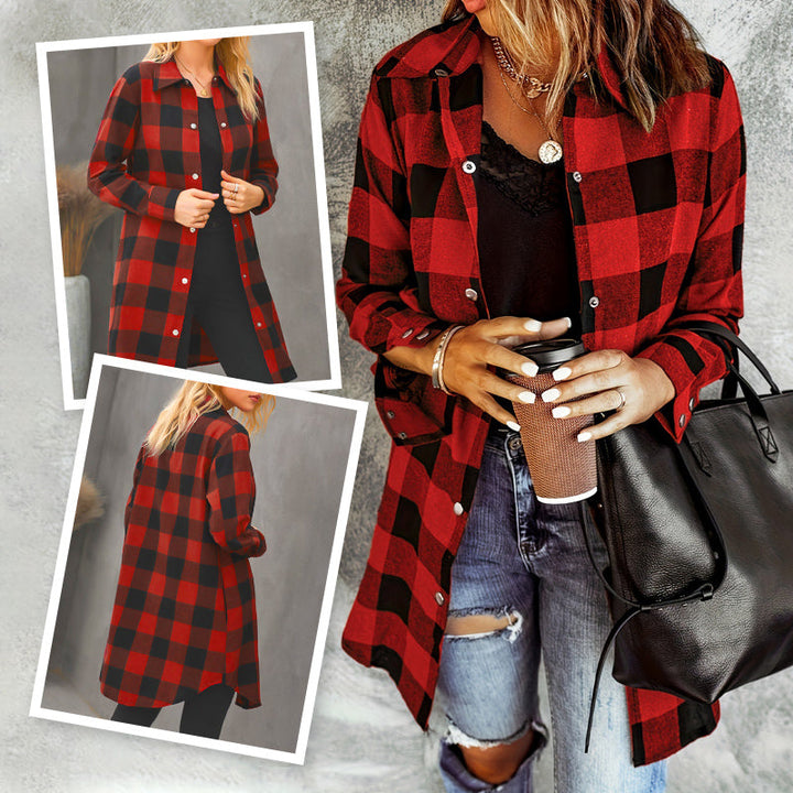 Larissa - Elegant Long Plaid Shirt Jacket