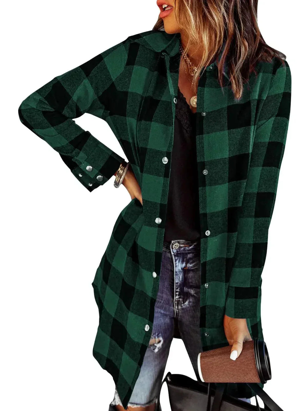 Larissa - Elegant Long Plaid Shirt Jacket