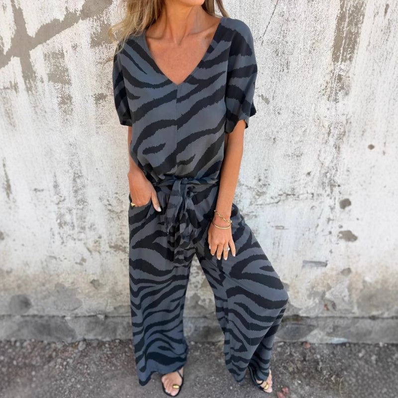 Alina - Zebra Print V-Neck Top and Pants Set