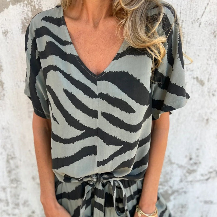 Alina - Zebra Print V-Neck Top and Pants Set