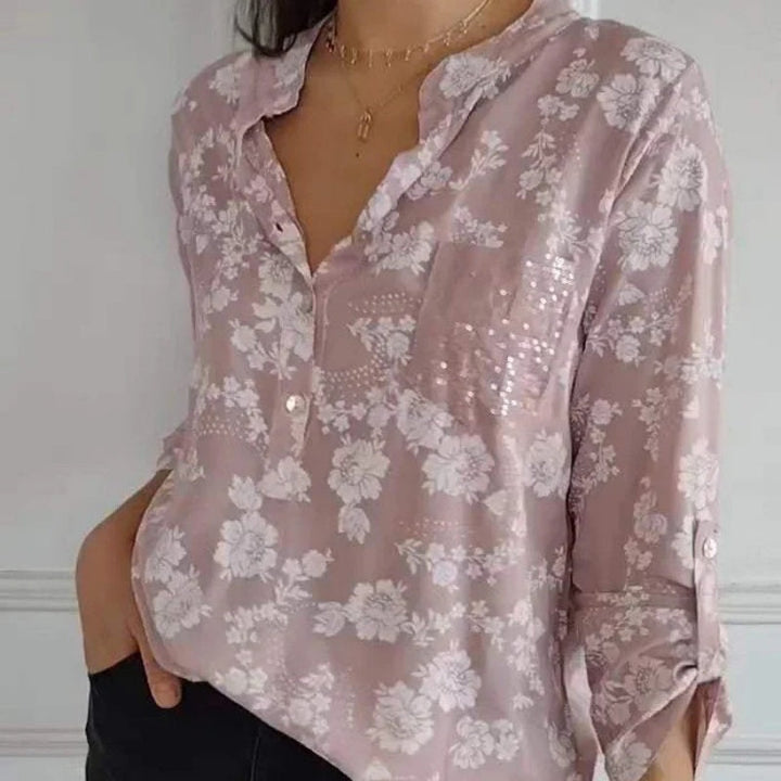 Avice - Long Sleeve Floral Blouse with Sparkly Pocket