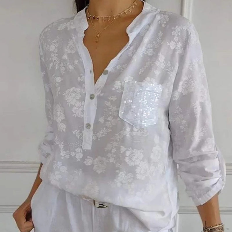 Avice - Long Sleeve Floral Blouse with Sparkly Pocket