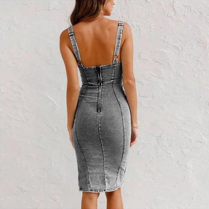 Estelle - Denim Bodycon Dress with Adjustable Straps and U-Neckline and Slit