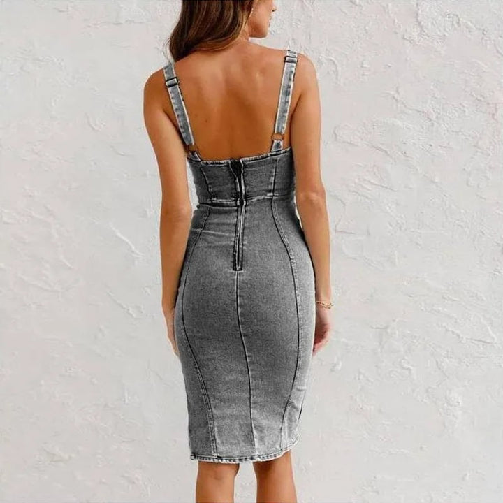 Estelle - Denim Bodycon Dress with Adjustable Straps and U-Neckline and Slit