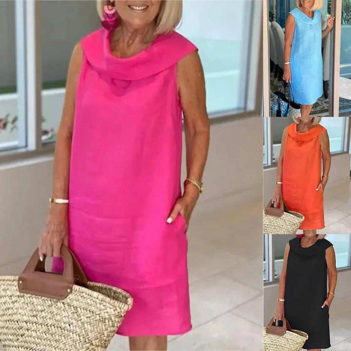 Stella - Elegant cotton and linen high neck dress