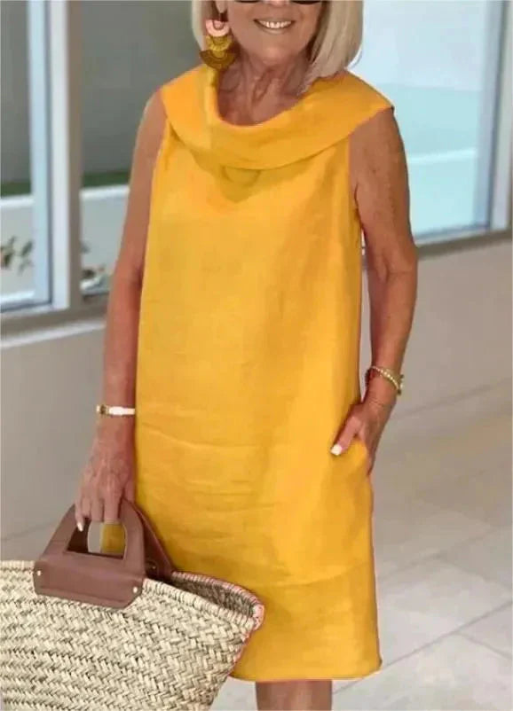 Stella - Elegant cotton and linen high neck dress