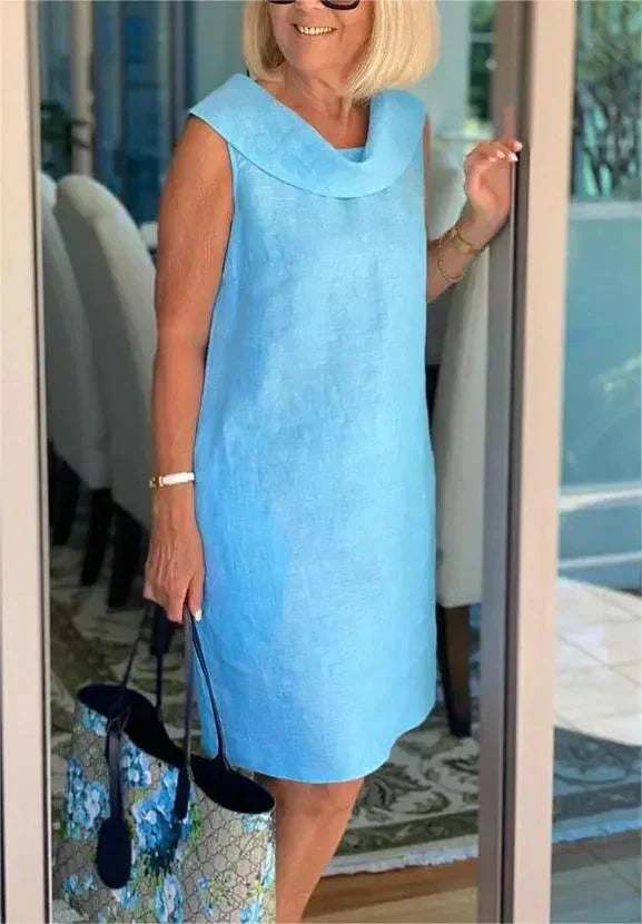 Stella - Elegant cotton and linen high neck dress