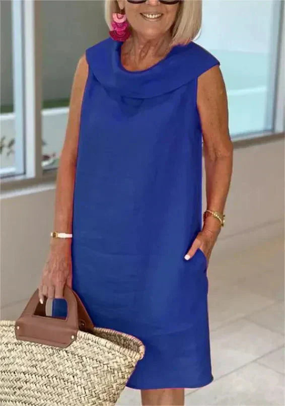 Stella - Elegant cotton and linen high neck dress