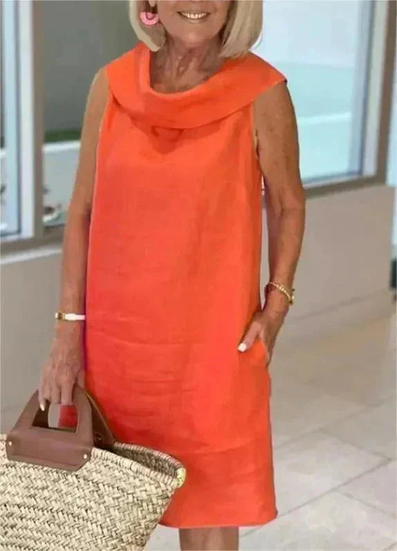 Stella - Elegant cotton and linen high neck dress