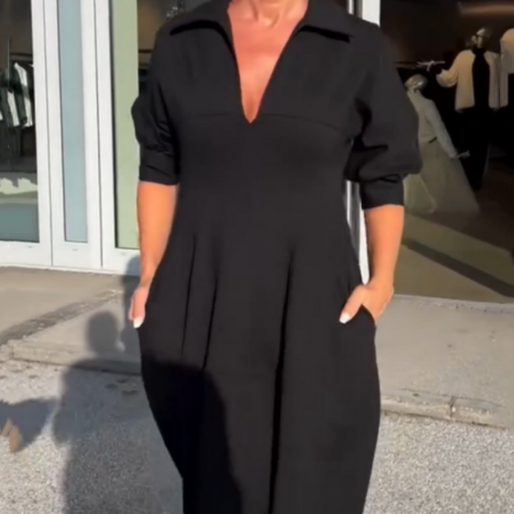 Stephanie - Elegant V-Neck Lapel Midi Dress