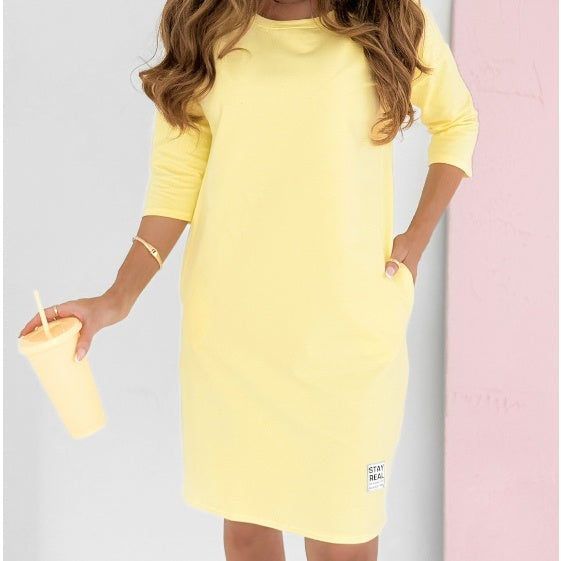 Lieka - Round Neck Dress with 3/4 Sleeves and Pockets