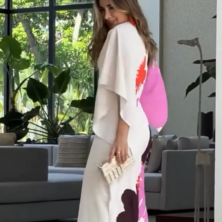 Séverine - Floral Jumpsuit with Irregular Sleeves and Wide Legs