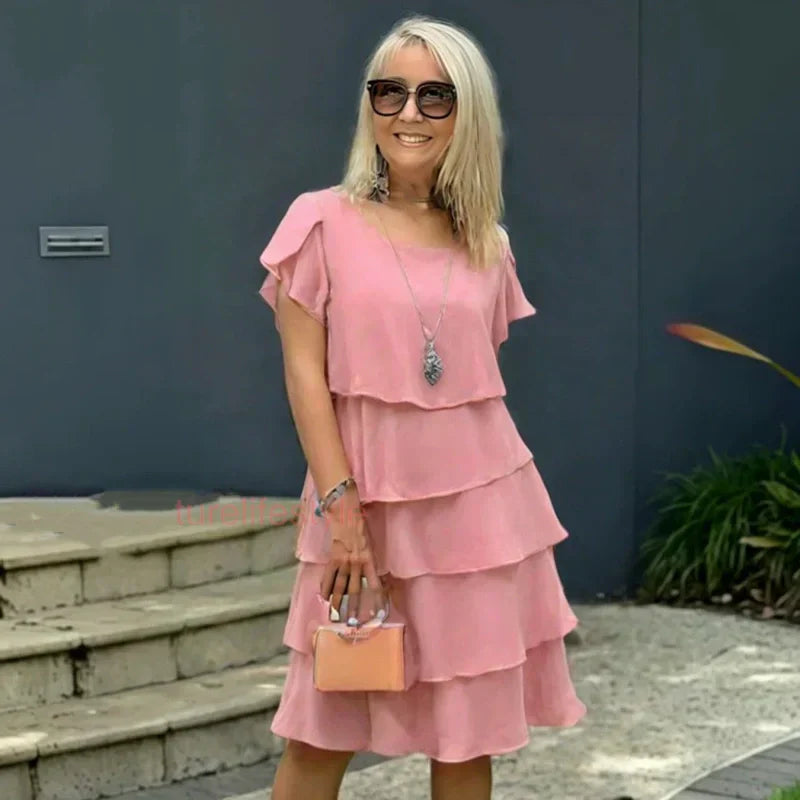 Kiki - Women's Dress with Wavy Cutout and Ruffles