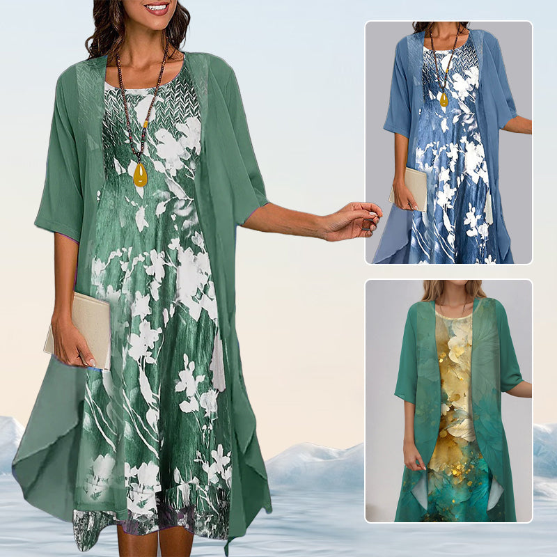 Eleny - Elegant Two Piece Floral Chiffon Dress Set