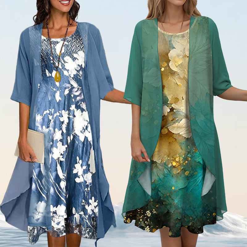 Eleny - Elegant Two Piece Floral Chiffon Dress Set