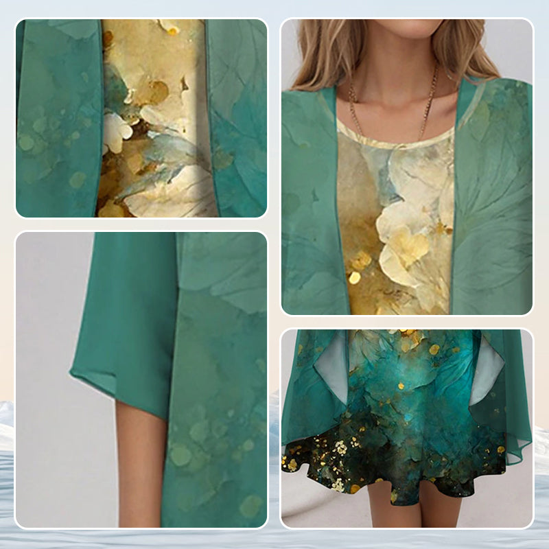 Eleny - Elegant Two Piece Floral Chiffon Dress Set