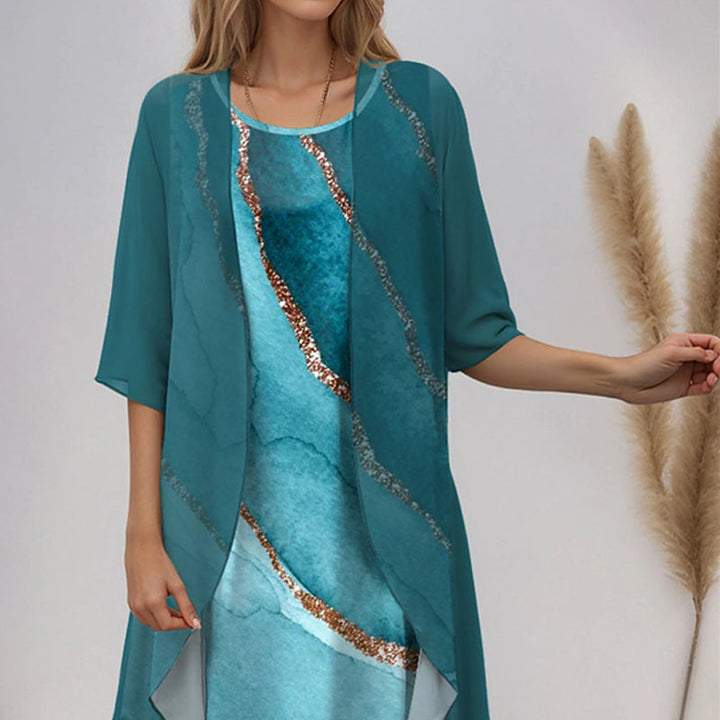 Eleny - Elegant Two Piece Floral Chiffon Dress Set