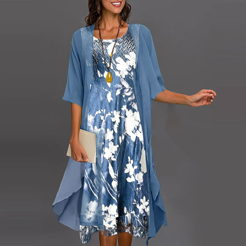Eleny - Elegant Two Piece Floral Chiffon Dress Set