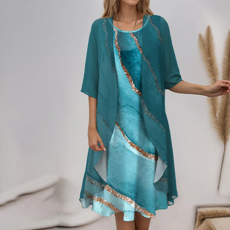 Eleny - Elegant Two Piece Floral Chiffon Dress Set