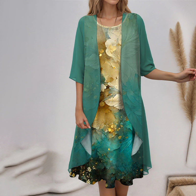 Eleny - Elegant Two Piece Floral Chiffon Dress Set