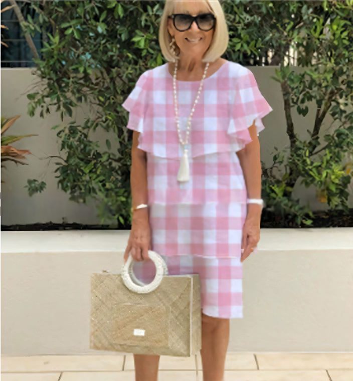 Sibel - Short Sleeve Knee Length Chiffon Dress with Ruffles