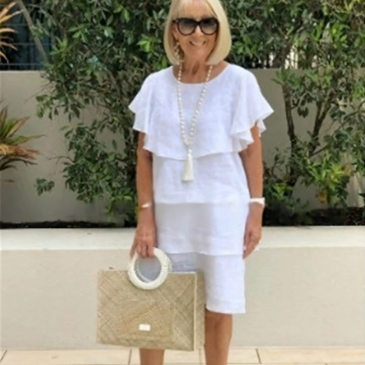 Sibel - Short Sleeve Knee Length Chiffon Dress with Ruffles