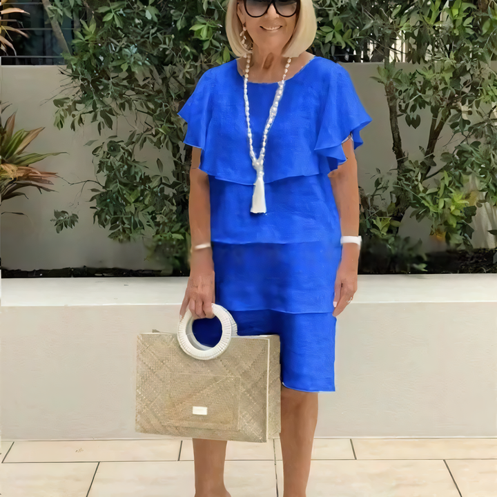 Sibel - Short Sleeve Knee Length Chiffon Dress with Ruffles