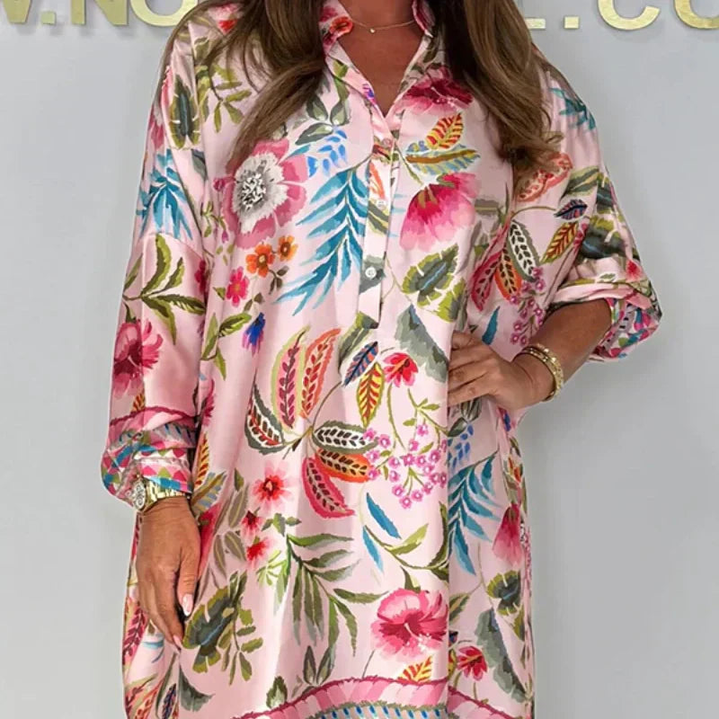 Violetta - Casual Floral Dress with V-Neckline and Partial Buttons