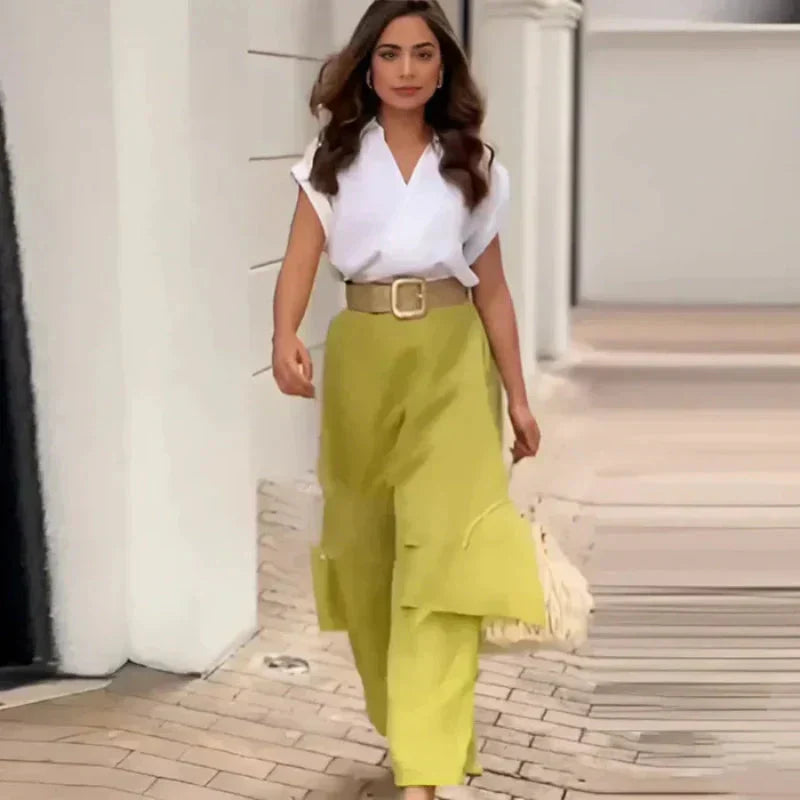 Myla - Women's Elegant Set: V-neck Top and Flared Pants