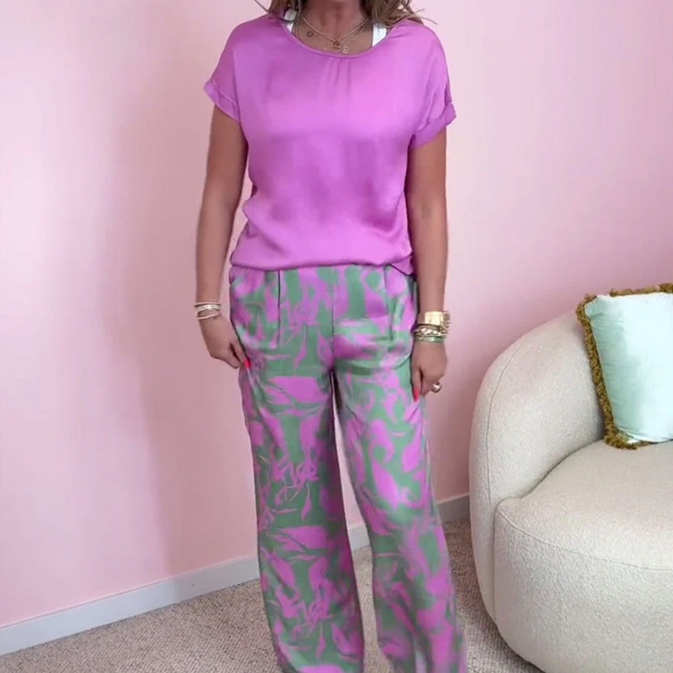 Malika - 2-Piece Set: Top &amp; Wide Printed Pants