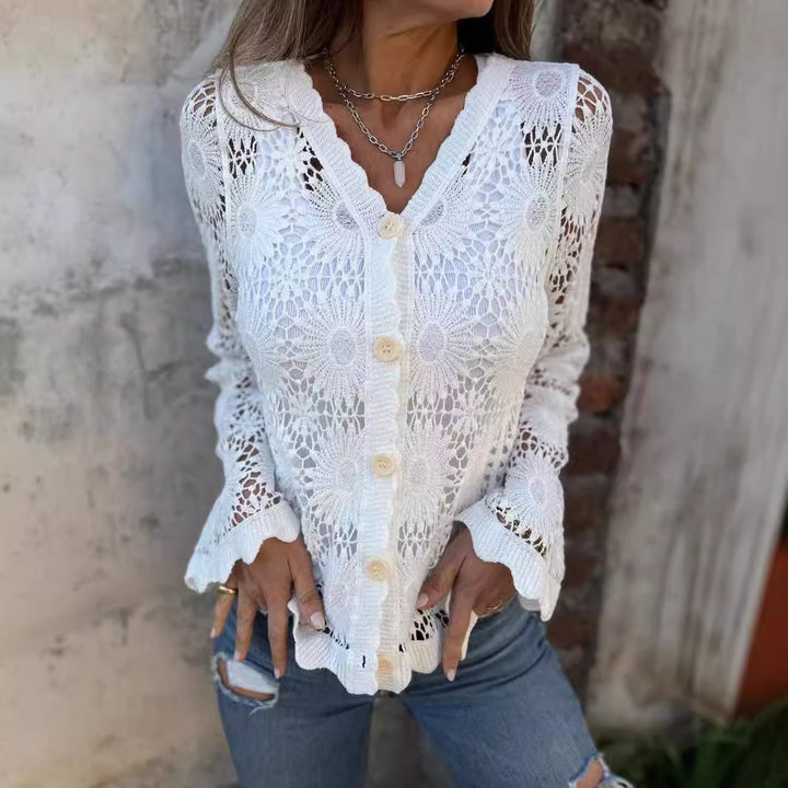 Zinnia - Women's V-Neck Long Sleeve Lace Top