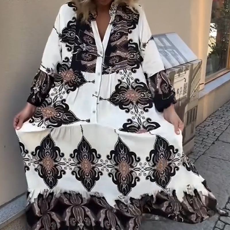 Anirelle - Robe imprimée élégante pour femme, avec un décolleté en V fluide et ample et des manches évasées 