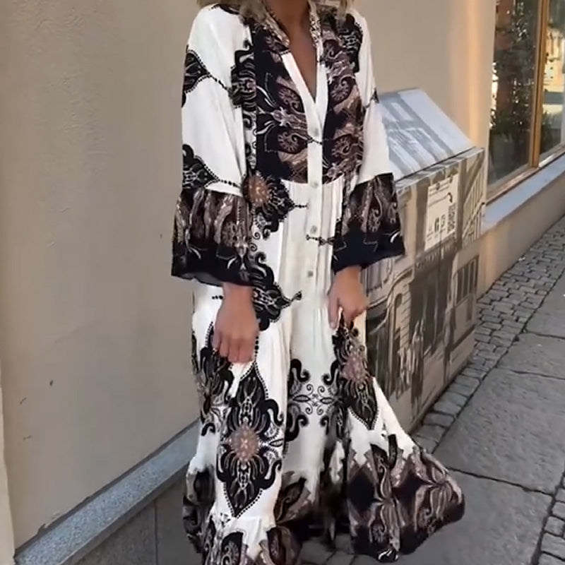 Anirelle - Robe imprimée élégante pour femme, avec un décolleté en V fluide et ample et des manches évasées 