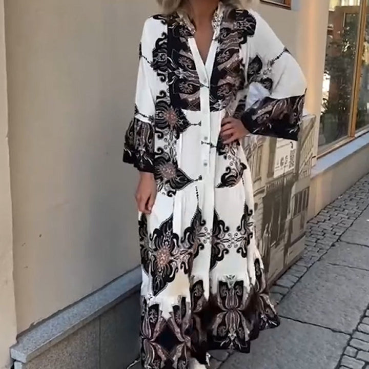 Anirelle - Robe imprimée élégante pour femme, avec un décolleté en V fluide et ample et des manches évasées 