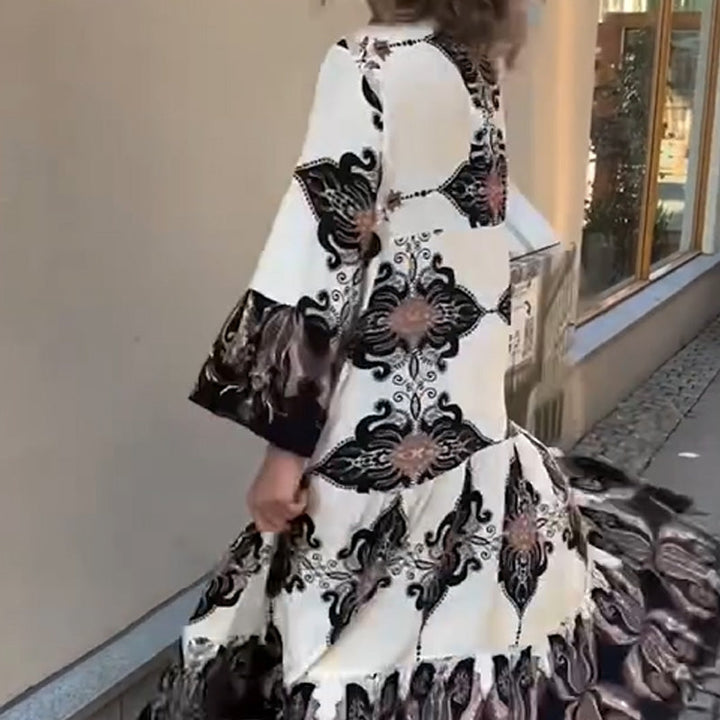 Anirelle - Robe imprimée élégante pour femme, avec un décolleté en V fluide et ample et des manches évasées 