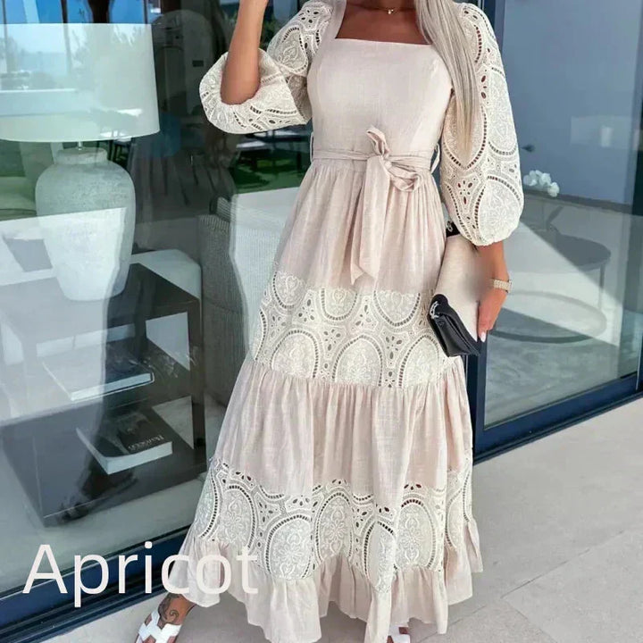 Therenia - Long Patchwork Dress with Belt and Square Neckline