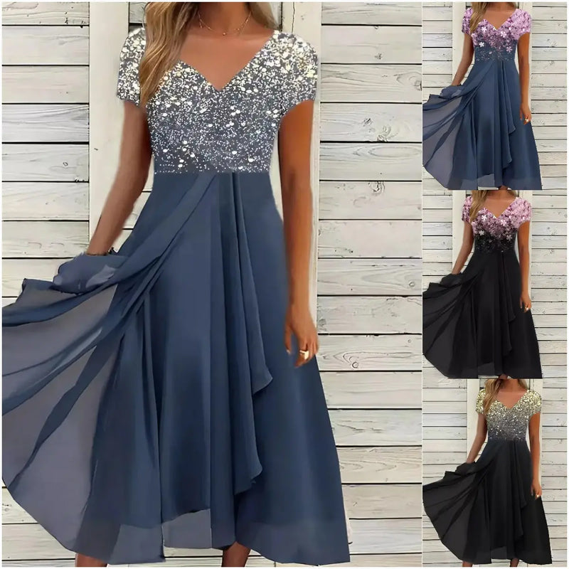 Halina - Elegant Printed V-Neck Dress