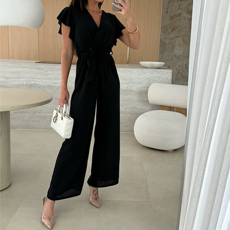 Isolina - Solid Jumpsuit with V-Neckline, Ruffled Sleeves and Wide Legs