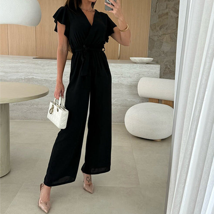 Isolina - Solid Jumpsuit with V-Neckline, Ruffled Sleeves and Wide Legs