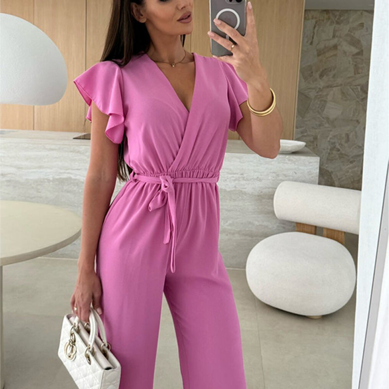 Isolina - Solid Jumpsuit with V-Neckline, Ruffled Sleeves and Wide Legs