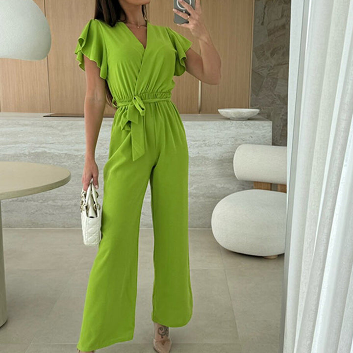 Isolina - Solid Jumpsuit with V-Neckline, Ruffled Sleeves and Wide Legs